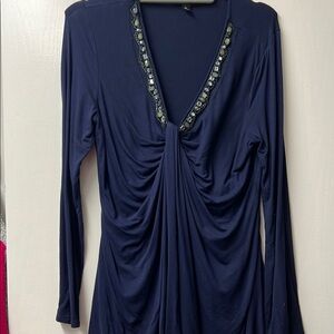 Willi Smith Blue Ruched Embellished Blouse